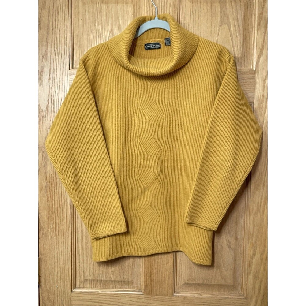 Jeanne Pierre Womens L Yellow Solid Cable Knit Turtleneck Pullover Sweater